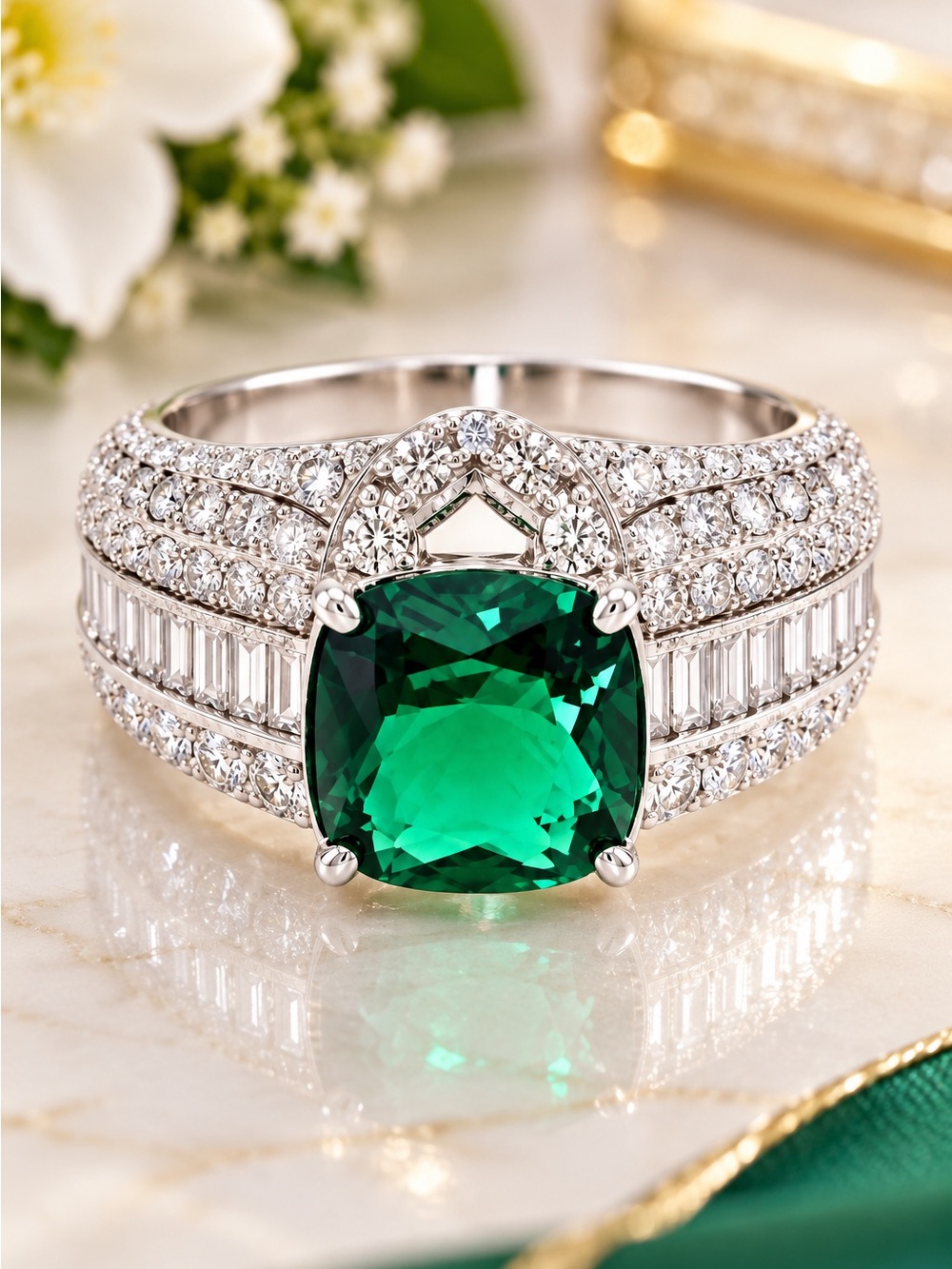 925 Sterling Silver Solitaire Simulated Green Emerald Cut Art Deco Style Ring.